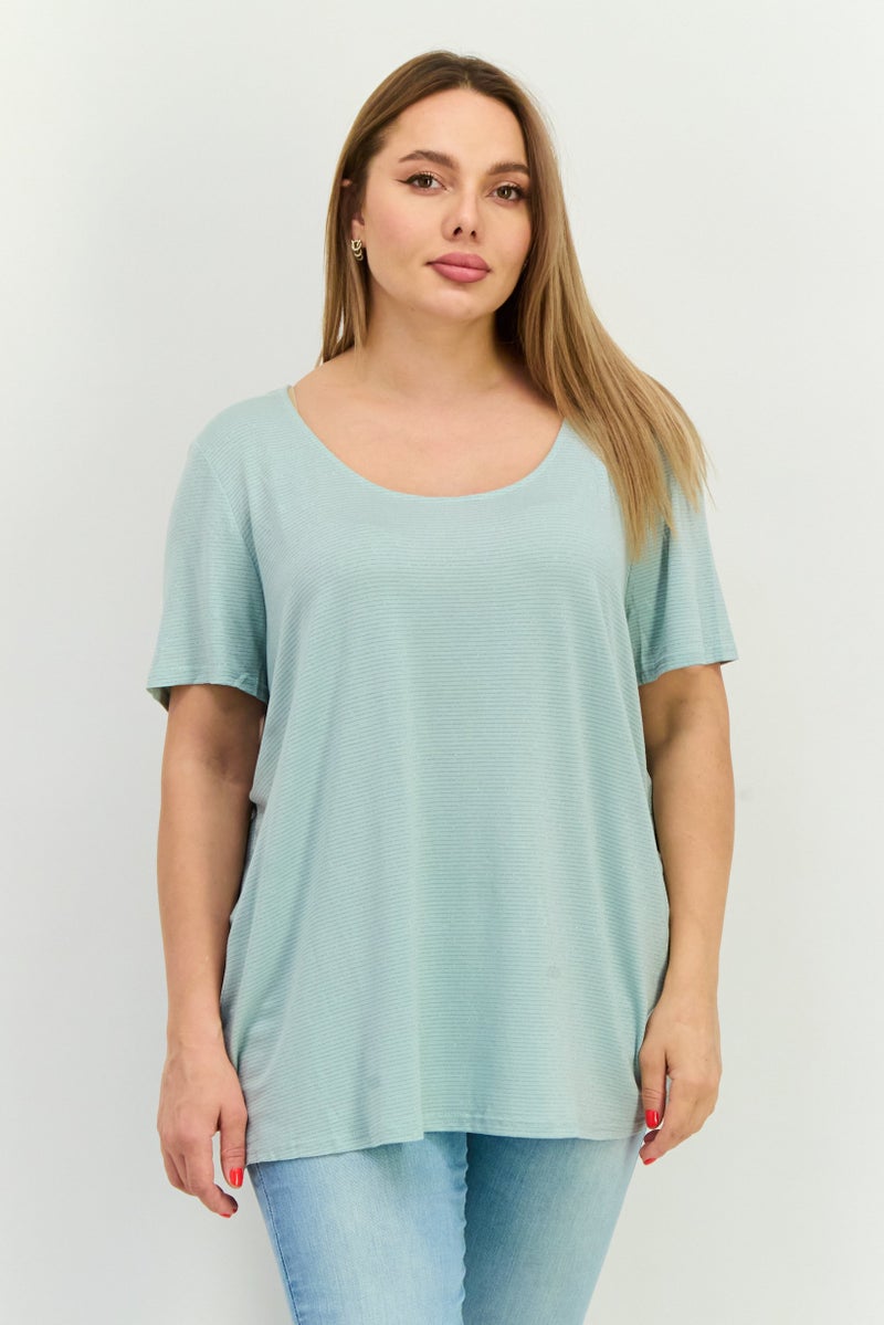 Fire & Glory Women Round Neck Short Sleeves Tripped T-Shirt, Sage Green - Image 1